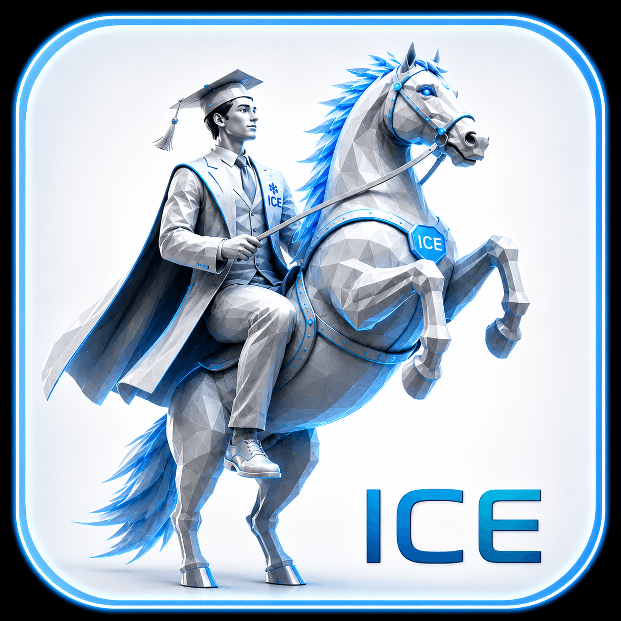 ICE mascot — a scholar riding a low-poly ice horse, symbolising ICE Tutoring