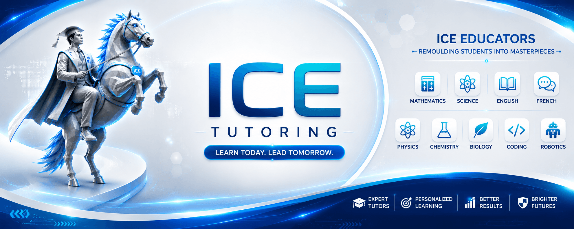 ICE Tutoring banner showing the ICE scholar mascot and subjects taught