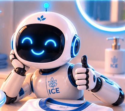 ICE Bot mascot, a friendly white AI robot giving a thumbs up