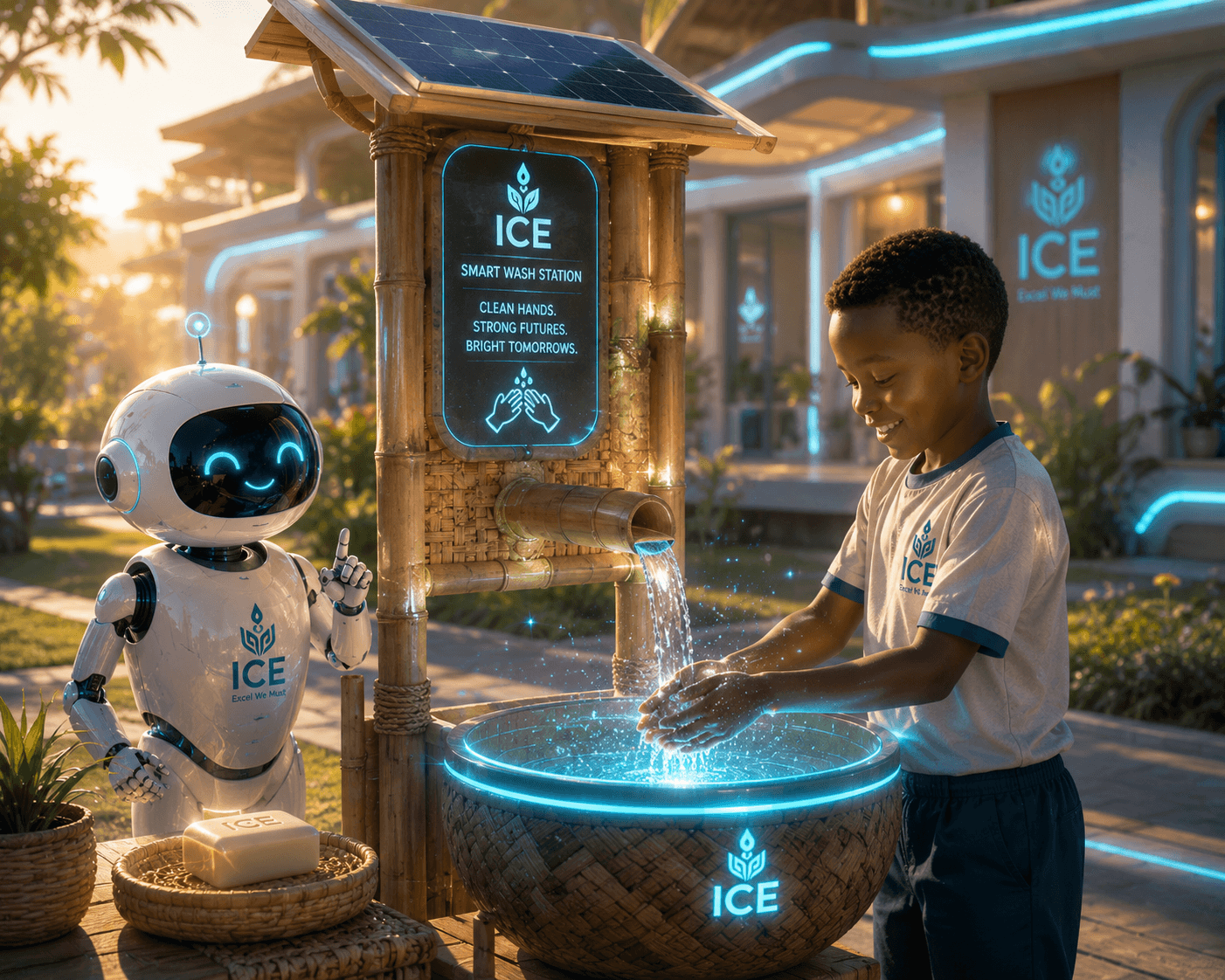 ICE Bot mascot with a learner at an ICE-branded smart wash station